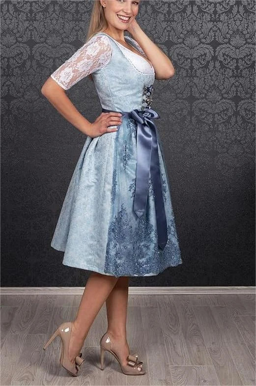 2024 Blue Jacquard Bavarian Women's German Beer Suit Three-Piece Set in Sapphire Blue with Lace-up Details