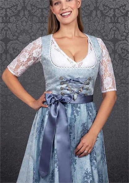 2024 Blue Jacquard Bavarian Women's German Beer Suit Three-Piece Set in Sapphire Blue with Lace-up Details