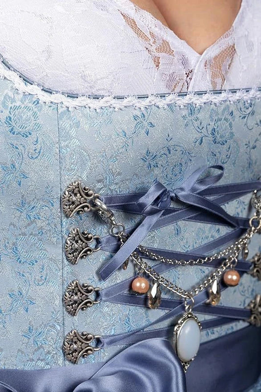 2024 Blue Jacquard Bavarian Women's German Beer Suit Three-Piece Set in Sapphire Blue with Lace-up Details