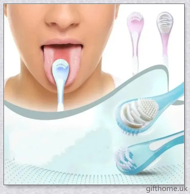 Double-sided tongue cleaner brush for adults, featuring a soft brush and scraper to gently and effectively remove bacteria and debris from the tongue.