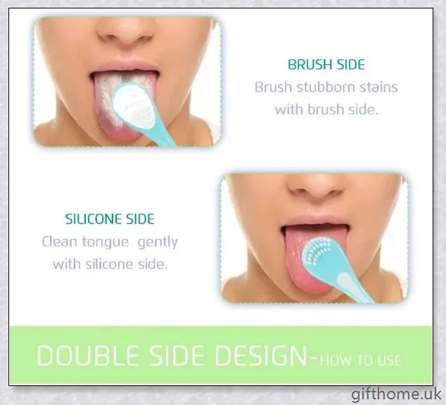 Double-sided tongue cleaner brush for adults, featuring a soft brush and scraper to gently and effectively remove bacteria and debris from the tongue.