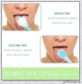 Double-sided tongue cleaner brush for adults, featuring a soft brush and scraper to gently and effectively remove bacteria and debris from the tongue.