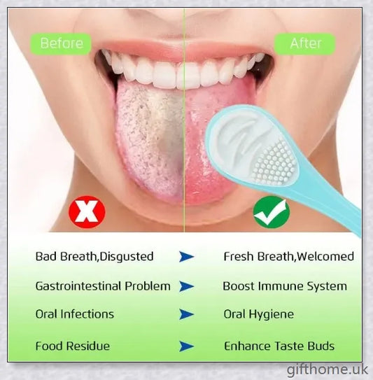Double-sided tongue cleaner brush for adults, featuring a soft brush and scraper to gently and effectively remove bacteria and debris from the tongue.