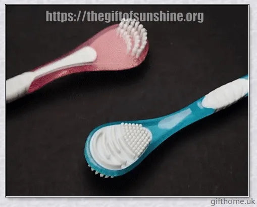 Double-sided tongue cleaner brush for adults, featuring a soft brush and scraper to gently and effectively remove bacteria and debris from the tongue.
