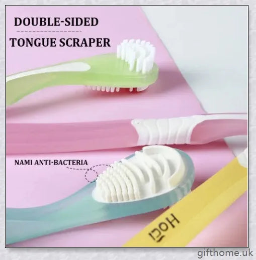 Double-sided tongue cleaner brush for adults, featuring a soft brush and scraper to gently and effectively remove bacteria and debris from the tongue.
