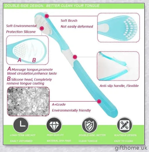 Double-sided tongue cleaner brush for adults, featuring a soft brush and scraper to gently and effectively remove bacteria and debris from the tongue.