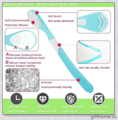 Double-sided tongue cleaner brush for adults, featuring a soft brush and scraper to gently and effectively remove bacteria and debris from the tongue.