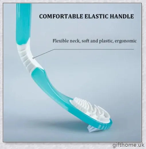 Double-sided tongue cleaner brush for adults, featuring a soft brush and scraper to gently and effectively remove bacteria and debris from the tongue.