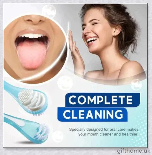 Double-sided tongue cleaner brush for adults, featuring a soft brush and scraper to gently and effectively remove bacteria and debris from the tongue.