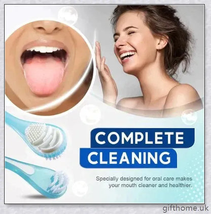 Double-sided tongue cleaner brush for adults, featuring a soft brush and scraper to gently and effectively remove bacteria and debris from the tongue.