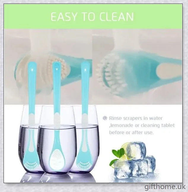 Double-sided tongue cleaner brush for adults, featuring a soft brush and scraper to gently and effectively remove bacteria and debris from the tongue.