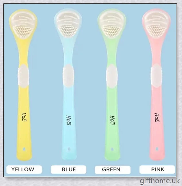 Double-sided tongue cleaner brush for adults, featuring a soft brush and scraper to gently and effectively remove bacteria and debris from the tongue.