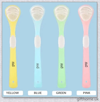 Double-sided tongue cleaner brush for adults, featuring a soft brush and scraper to gently and effectively remove bacteria and debris from the tongue.