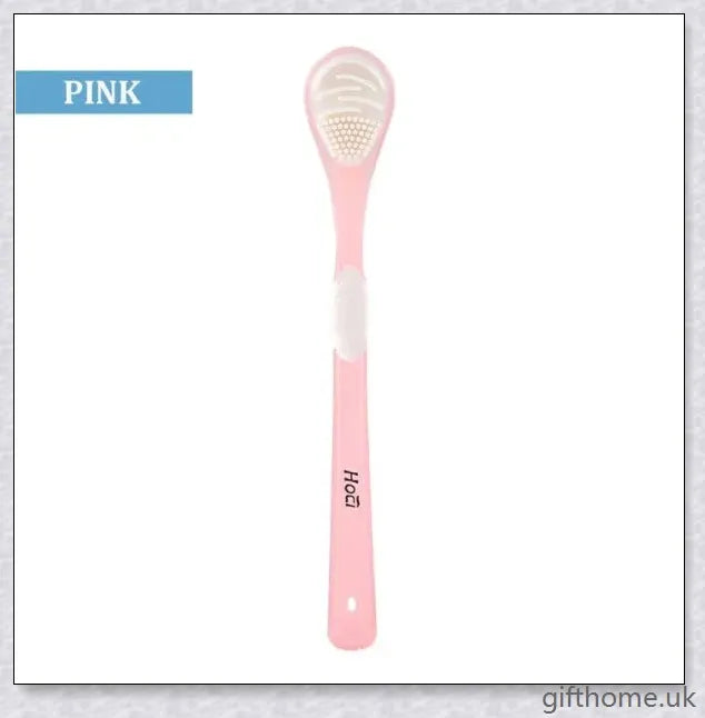 Double-sided tongue cleaner brush for adults, featuring a soft brush and scraper to gently and effectively remove bacteria and debris from the tongue.