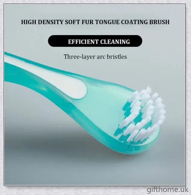 Double-sided tongue cleaner brush for adults, featuring a soft brush and scraper to gently and effectively remove bacteria and debris from the tongue.