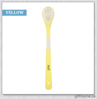 Double-sided tongue cleaner brush for adults, featuring a soft brush and scraper to gently and effectively remove bacteria and debris from the tongue.