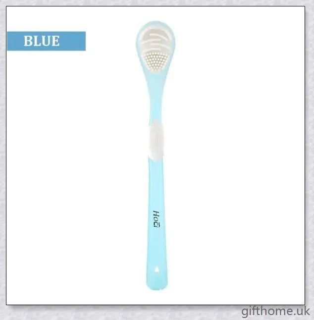 Double-sided tongue cleaner brush for adults, featuring a soft brush and scraper to gently and effectively remove bacteria and debris from the tongue.