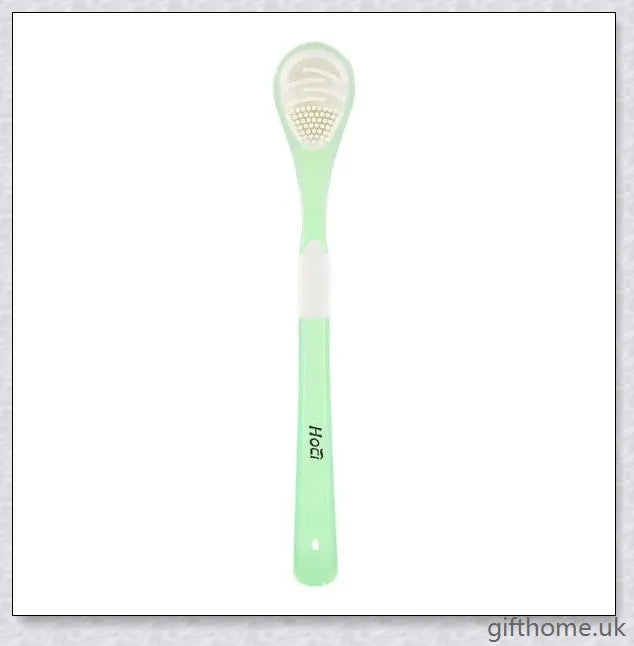 Double-sided tongue cleaner brush for adults, featuring a soft brush and scraper to gently and effectively remove bacteria and debris from the tongue.
