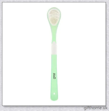 Double-sided tongue cleaner brush for adults, featuring a soft brush and scraper to gently and effectively remove bacteria and debris from the tongue.