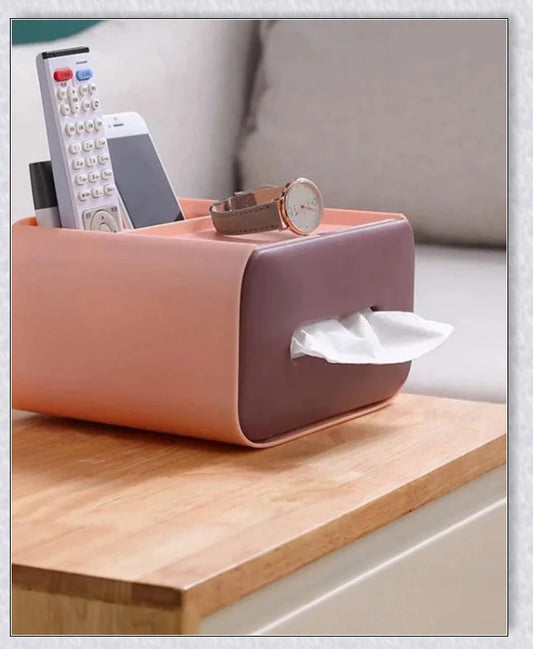 A Nordic-inspired tissue box with multiple storage compartments for organising everyday items like tissues, remote controls, and makeup