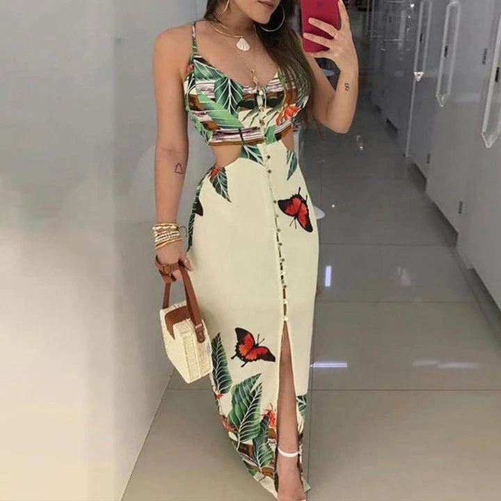 A beige cut-out print dress with a flattering silhouette, made from a chemical fibre blend for comfort and style.