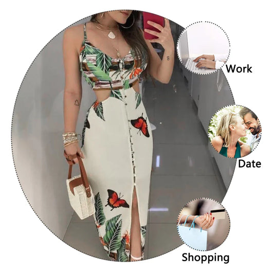 A beige cut-out print dress with a flattering silhouette, made from a chemical fibre blend for comfort and style.