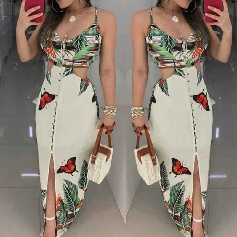 A beige cut-out print dress with a flattering silhouette, made from a chemical fibre blend for comfort and style.