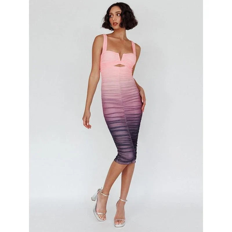 Chic gradient mesh backless bodycon midi dress in pink colour with spaghetti straps