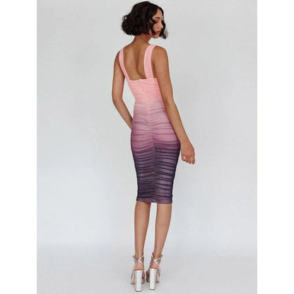 Chic gradient mesh backless bodycon midi dress in pink colour with spaghetti straps