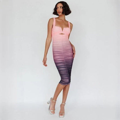 Chic gradient mesh backless bodycon midi dress in pink colour with spaghetti straps