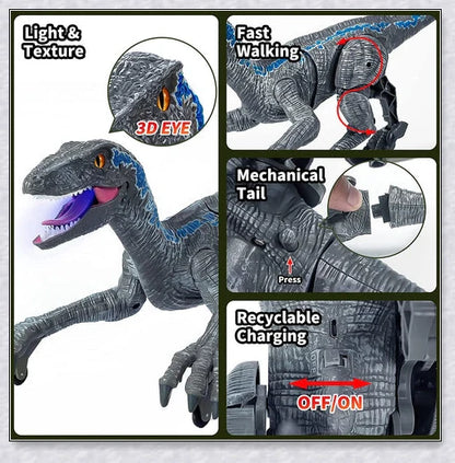 Lifelike remote-controlled Velociraptor dinosaur toy with realistic 3D eyes, walking movements, and roaring sounds