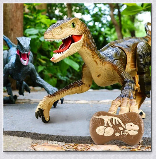 Lifelike remote-controlled Velociraptor dinosaur toy with realistic 3D eyes, walking movements, and roaring sounds