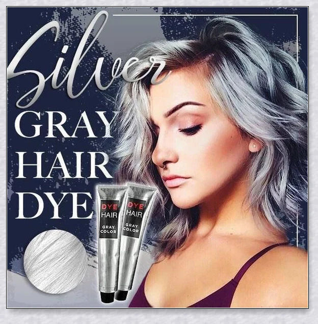 Bottle of premium Silver Gray Hair Dye with a metallic shine booster for long-lasting, nourishing colour