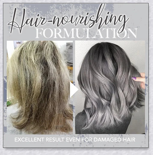 Bottle of premium Silver Gray Hair Dye with a metallic shine booster for long-lasting, nourishing colour
