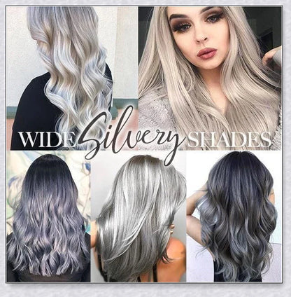 Bottle of premium Silver Gray Hair Dye with a metallic shine booster for long-lasting, nourishing colour
