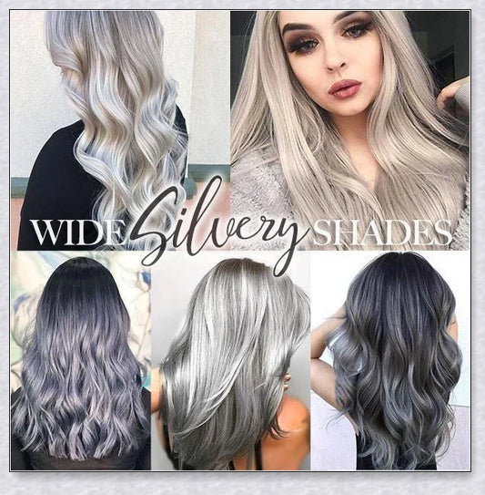 Bottle of premium Silver Gray Hair Dye with a metallic shine booster for long-lasting, nourishing colour
