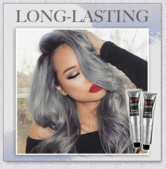 Bottle of premium Silver Gray Hair Dye with a metallic shine booster for long-lasting, nourishing colour