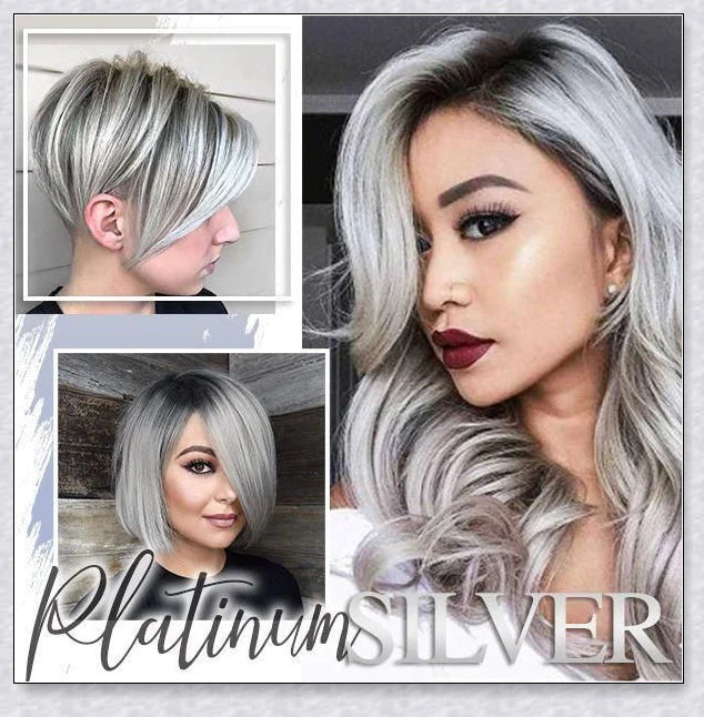 Bottle of premium Silver Gray Hair Dye with a metallic shine booster for long-lasting, nourishing colour