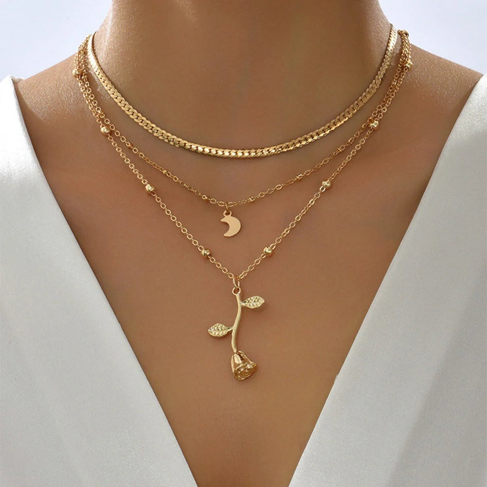 Bohemian multilayer gold pendant necklace with rose flower design for women
