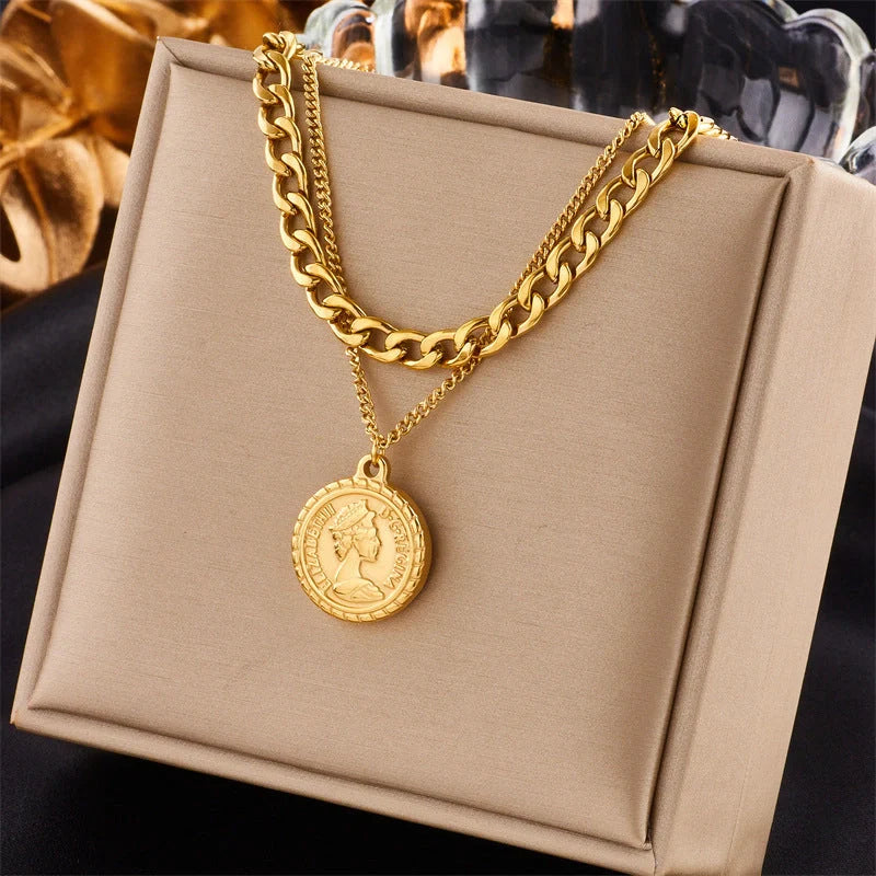 Geometric coin pendant necklace made of premium titanium steel, featuring a stylish and versatile design for women