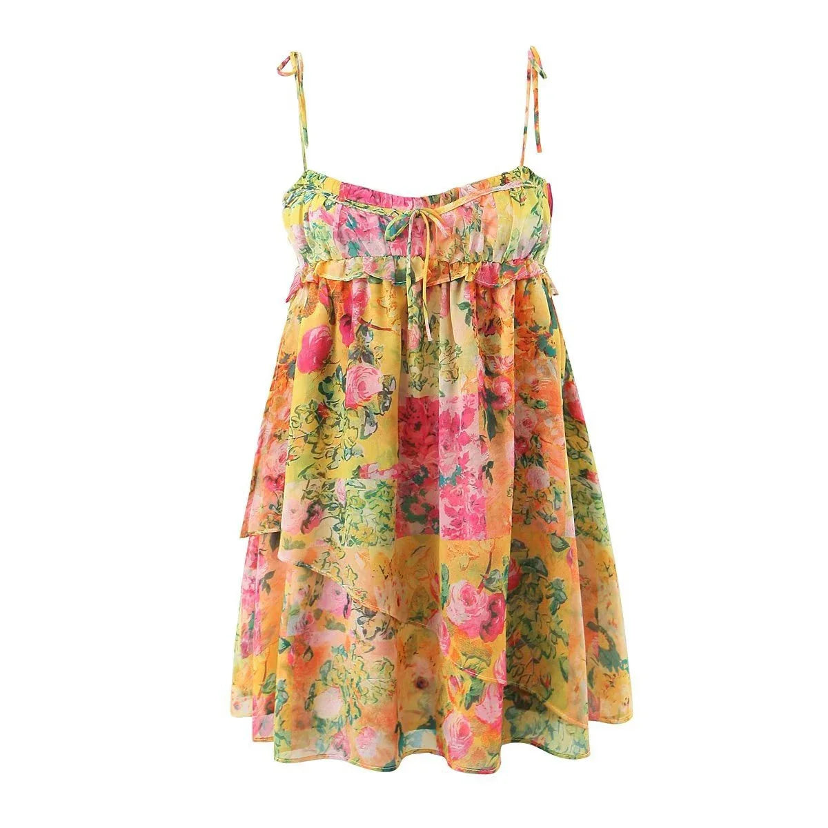 Elegant floral sundress in a variety of colors, featuring an A-line silhouette and ruffled detailing for a stylish and feminine look