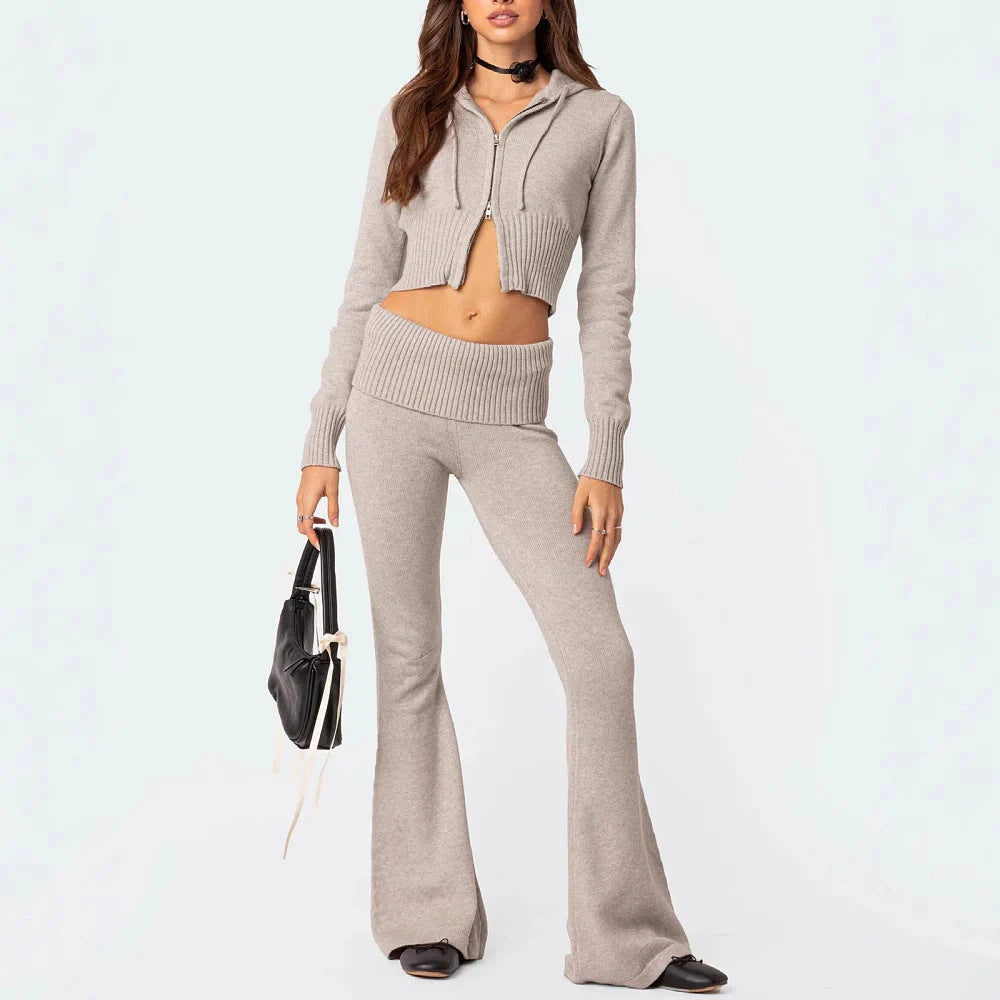 Women's knitted hooded suit with zipper cropped top and flared pants in solid colours