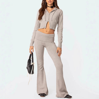 Women's knitted hooded suit with zipper cropped top and flared pants in solid colours