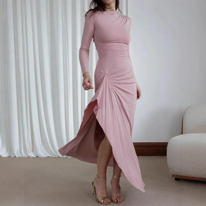 Tailored long sleeve asymmetric dress in solid colours for women with unique design, soft fabric, and variety of colour options