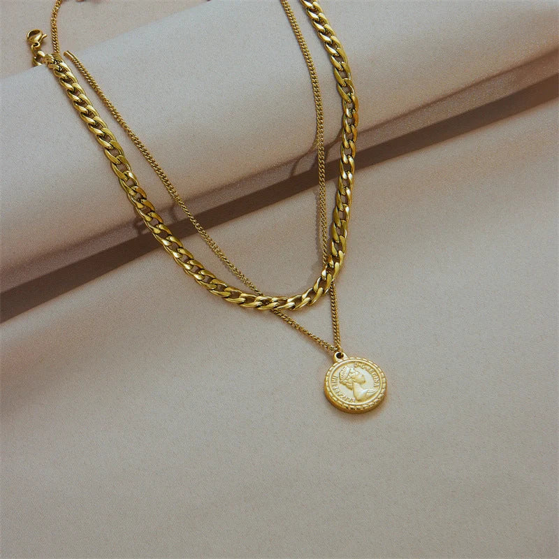 Geometric coin pendant necklace made of premium titanium steel, featuring a stylish and versatile design for women