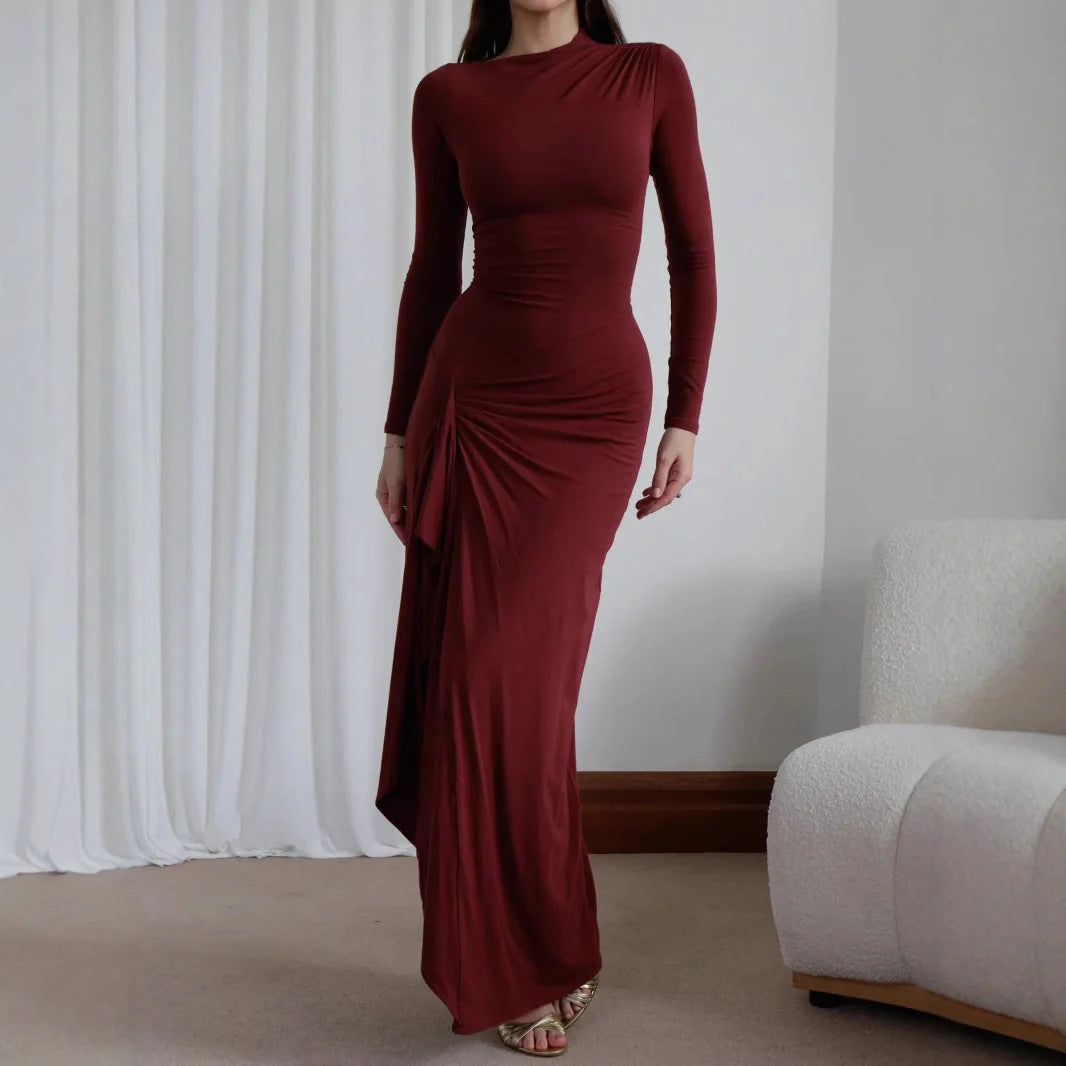 Tailored long sleeve asymmetric dress in solid colours for women with unique design, soft fabric, and variety of colour options