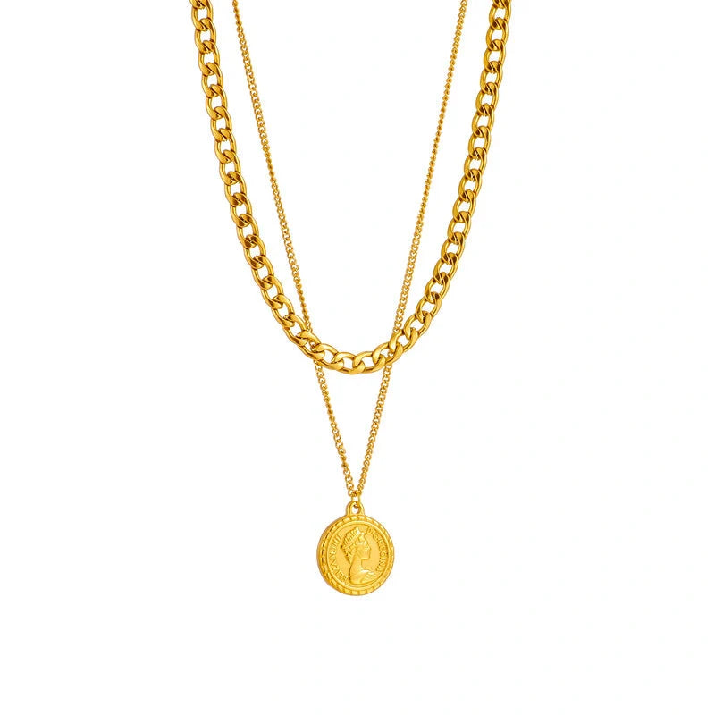 Geometric coin pendant necklace made of premium titanium steel, featuring a stylish and versatile design for women