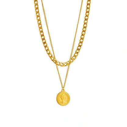 Geometric coin pendant necklace made of premium titanium steel, featuring a stylish and versatile design for women