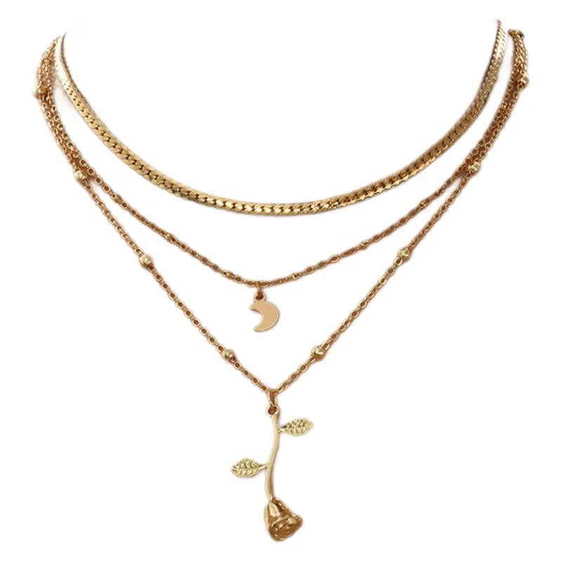 Bohemian multilayer gold pendant necklace with rose flower design for women