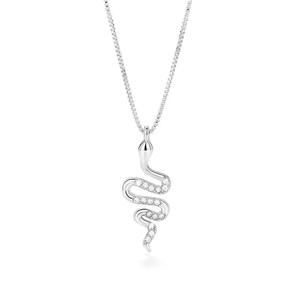 Snake pendant necklace with zirconia stones in white gold and gold finishes